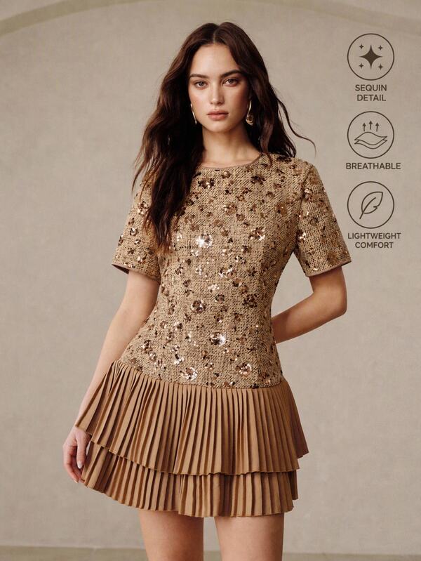 BELROSIE Elegant Camel Brown/Beige Mixed Tweed Dress,Sequin Embroidery,Layered Ruffle Hem,Fitted Waist,Round Neck Short Sleeve,Autumn,Bar Party,Wedding,Commute