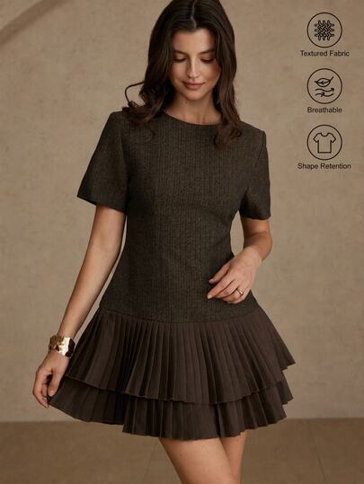 BELROSIE Elegant, Versatile, Minimalist, High-Quality Herringbone Fabric Round Neck Cinched Waist Double-Layer Pleated Hem Mini Dress For Women