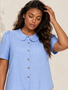 ELLERISSA Plus Size Blue Peter Pan Collar Puff Sleeve Button Front Linen Look Blouse - Blue - View 5
