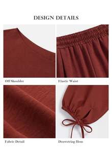 ELLERISSA Plus Size Burgundy One Shoulder Long Sleeve Textured Top & Balloon Pants Co-Ord Set Fall - Burgundy - View 7