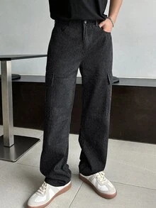 DAZY 秋季男士素色工裝口袋直筒寬鬆休閒長褲 - 黑色 - 查看 5