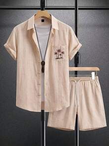 Genlund Manfinity Plus Size Men's Summer Casual Vacation Two Pieces Setblending Vacation Style With Retro Flair. - Khaki - View 4