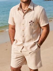 Genlund Manfinity Plus Size Men's Summer Casual Vacation Two Pieces Setblending Vacation Style With Retro Flair. - Khaki - View 3