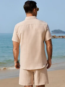 Genlund Manfinity Plus Size Men's Summer Casual Vacation Two Pieces Setblending Vacation Style With Retro Flair. - Khaki - View 2