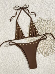 Oceva 2026 New Women's 2pcs Backless Tie Rhinestone Studded Bikini Sets,Coffee Brown,Summer,Beach,Holiday,Rave,Holiday Solid Color Separates Swimwear - Brown - View 3