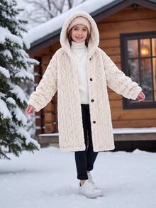 Girl's Autumn/Winter Hooded Long Coat, Faux Fur Knitted Texture, Casual Soft Suitable For Daily Wear - Apricot - View 1