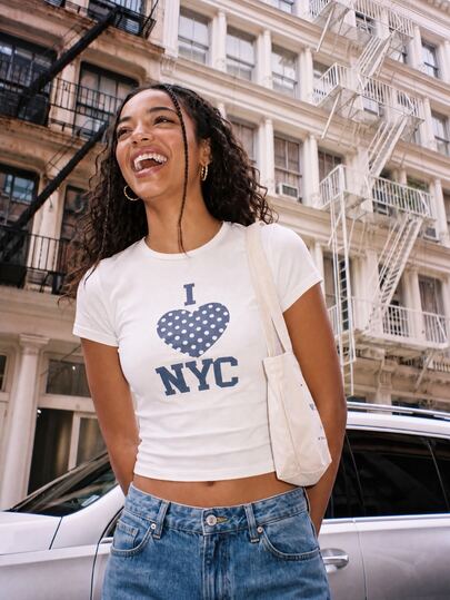 MISSGUIDED TEEN Áo thun crop ôm sát cổ tròn tay ngắn họa tiết trái tim trắng xanh I Love NYC, phong cách casual nhiệt đới mùa hè cho du lịch thành phố và kỳ nghỉ