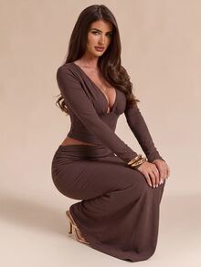 SHEIN BAE Fall Winter Dark Brown Deep V Neck Ruched Waist Bodycon Long Sleeve Floor Length Dress Thanksgiving Christmas New Year Evening Party - Brown - View 5