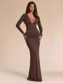 SHEIN BAE Fall Winter Dark Brown Deep V Neck Ruched Waist Bodycon Long Sleeve Floor Length Dress Thanksgiving Christmas New Year Evening Party - Brown - View 1
