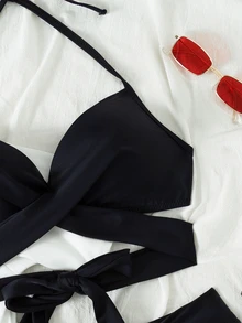 Swim Vcay Summer Beach Wrap Halter Push Up Bikini Set - Black - View 4