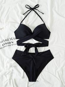 Swim Vcay Summer Beach Wrap Halter Push Up Bikini Set - Black - View 6