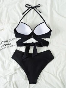 Swim Vcay Summer Beach Wrap Halter Push Up Bikini Set - Black - View 3