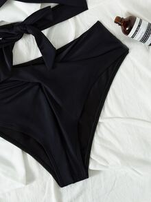Swim Vcay Summer Beach Wrap Halter Push Up Bikini Set - Black - View 5