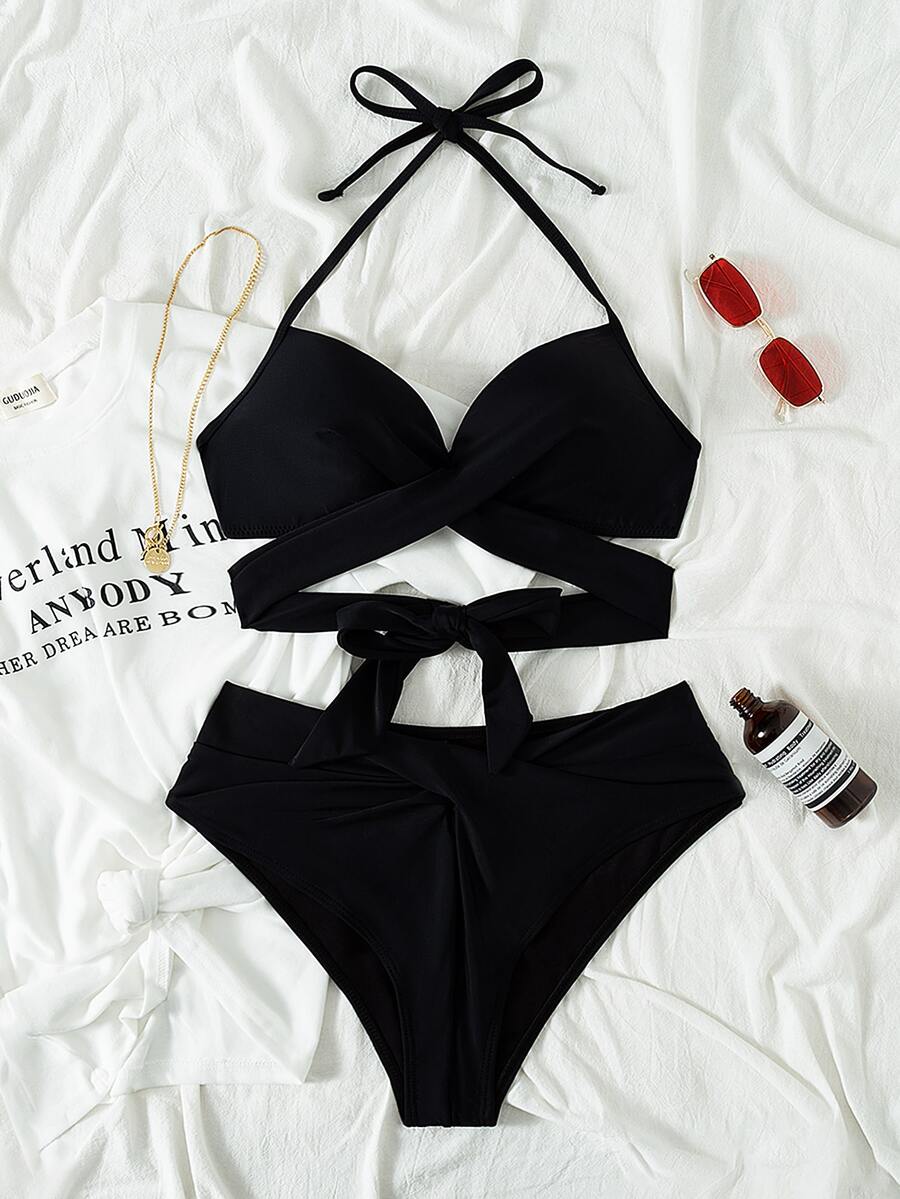 Swim Vcay Summer Beach Wrap Halter Push Up Bikini Set