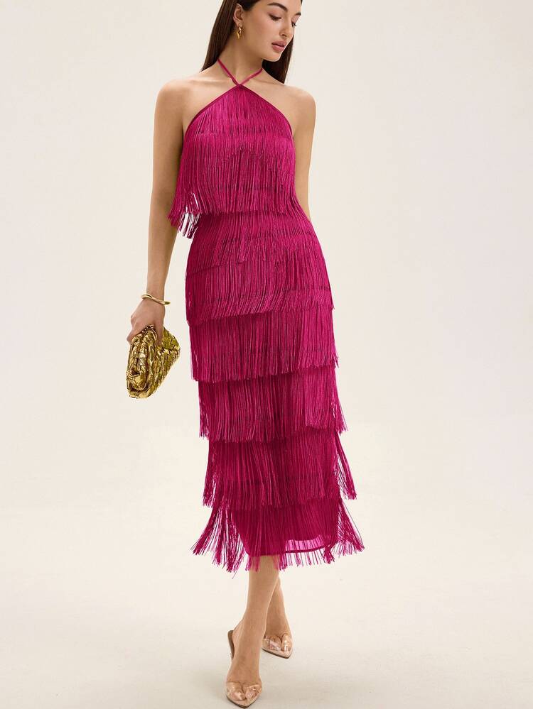 BELROSIE Solid Color Multi-Layer Fringe Flowy Boho Backless Crisscross Neck Dress For Women - Hot Pink - View 1