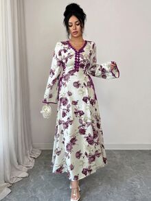 Yasmyna 女款優雅端莊休閒花卉印花交叉綁帶阿拉伯式禮服，白色冬季婚禮晨禮洗禮客席確認禮服 - 紫色 - 查看 7