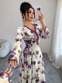 Yasmyna 女款優雅端莊休閒花卉印花交叉綁帶阿拉伯式禮服，白色冬季婚禮晨禮洗禮客席確認禮服 - 紫色 - 查看 6