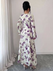 Yasmyna 女款優雅端莊休閒花卉印花交叉綁帶阿拉伯式禮服，白色冬季婚禮晨禮洗禮客席確認禮服 - 紫色 - 查看 2