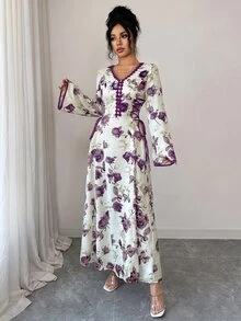 Yasmyna 女款優雅端莊休閒花卉印花交叉綁帶阿拉伯式禮服，白色冬季婚禮晨禮洗禮客席確認禮服 - 紫色 - 查看 3