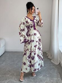 Yasmyna 女款優雅端莊休閒花卉印花交叉綁帶阿拉伯式禮服，白色冬季婚禮晨禮洗禮客席確認禮服 - 紫色 - 查看 4