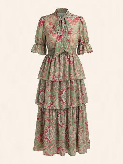 VOLUPTÉ CURVE Plus Size Women's Summer Floral Print Bow Tie Collar Puff Sleeve Cinched Waist Tiered Maxi Dress, Elegant Vintage Casual Vacation Dress