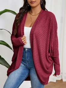 SHEIN Frenchy Plus Size Casual Simple Elegant Loose Ribbed Brushed Knit Cardigan Jacket Autumn Formal Rodeo - Burgundy - View 4