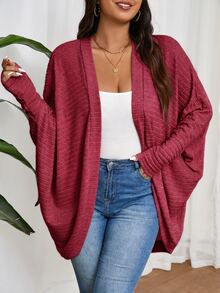 SHEIN Frenchy Plus Size Casual Simple Elegant Loose Ribbed Brushed Knit Cardigan Jacket Autumn Formal Rodeo - Burgundy - View 5