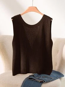 CosyJoli Plus Size Casual Anti Social Baggy Twist Sleeveless Knit Vest Formal Vacation Evening Brown Summer - Coffee Brown - View 3