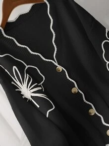 CosyJoli Plus Size Elegant Casual Women Cardigans 3D Floral Contrast Color Cardigan Sweater In Fall/Winter - Black and White - View 5