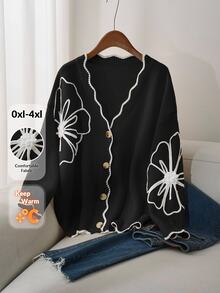 CosyJoli Plus Size Elegant Casual Women Cardigans 3D Floral Contrast Color Cardigan Sweater In Fall/Winter - Black and White - View 1