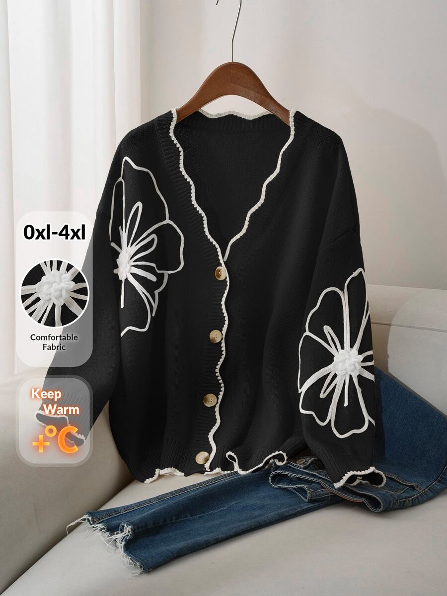 CosyJoli Plus Size Elegant Casual Women Cardigans 3D Floral Contrast Color Cardigan Sweater In Fall/Winter - Black and White - View 1