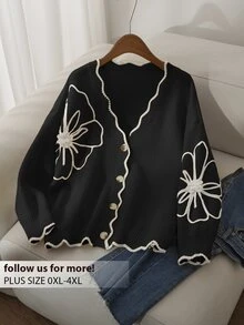 CosyJoli Plus Size Elegant Casual Women Cardigans 3D Floral Contrast Color Cardigan Sweater In Fall/Winter - Black and White - View 7
