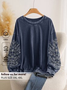 CosyJoli Plus Size Casual Long Sleeve Embroidered Snowflake Washed Loose Fit Crew Neck Pullover Sweatshirt Clothes For Women Flower Spring Fall - Navy Blue - View 2