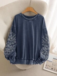 CosyJoli Plus Size Casual Long Sleeve Embroidered Snowflake Washed Loose Fit Crew Neck Pullover Sweatshirt Clothes For Women Flower Spring Fall - Navy Blue - View 7