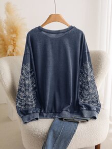 CosyJoli Plus Size Casual Long Sleeve Embroidered Snowflake Washed Loose Fit Crew Neck Pullover Sweatshirt Clothes For Women Flower Spring Fall - Navy Blue - View 3