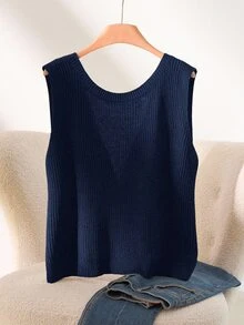 CosyJoli Plus Size Casual Smart Baggy Twist Sleeveless Knit Vest Formal Vacation Evening Navy Blue Summer - Royal Blue - View 3
