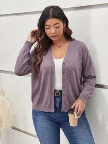 SHEIN Frenchy 大尺碼女款純色單排扣休閒簡約日常開襟衫 商務辦公深紫色女式開襟衫 秋冬款 - 淡紫色 - 查看 7