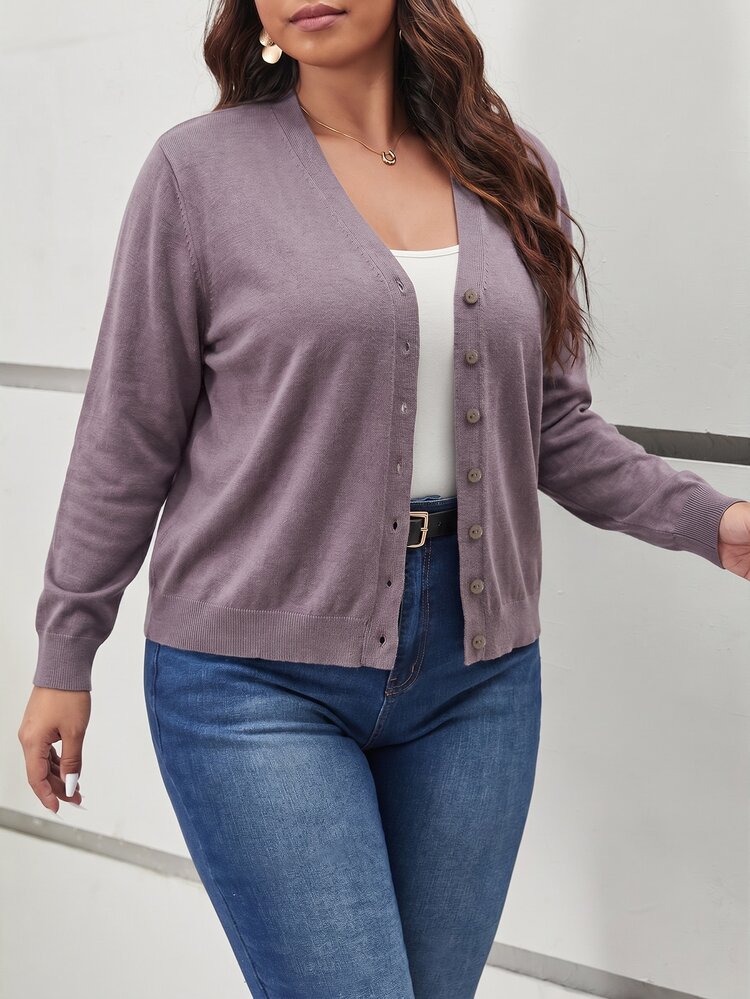 SHEIN Frenchy Plus Size Women's Solid Color Single-Breasted Casual Simple Normal Daily Cardigan Bussines Office Dark Purple Cardigan For Women Fall/Winter - Mauve Purple - View 3