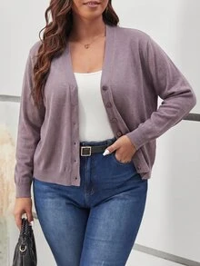 SHEIN Frenchy 大尺碼女款純色單排扣休閒簡約日常開襟衫 商務辦公深紫色女式開襟衫 秋冬款 - 淡紫色 - 查看 2