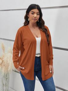 SHEIN Frenchy 大尺碼休閒優雅寬鬆純色長袖開襟衫 橘色 棕色 焦橘色 秋季 感恩節 辦公室 正式場合 - 鏽棕色 - 查看 3
