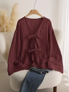 CosyJoli Chemise décontractée à manches longues et col en V avec lien, texture patchwork en dentelle florale, grande taille - Tabac - Voir 3