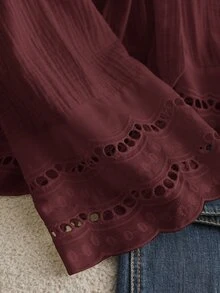 CosyJoli Chemise décontractée à manches longues et col en V avec lien, texture patchwork en dentelle florale, grande taille - Tabac - Voir 4