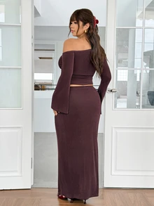 GalTyme Set 2 Potong Atasan Bahu Asimetris dan Rok Panjang Warna Polos Ukuran Plus, Modis untuk Pesta Malam, Koktail, Ungu Tua, Seksi, Musim Gugur - Chocolate Brown - View 3