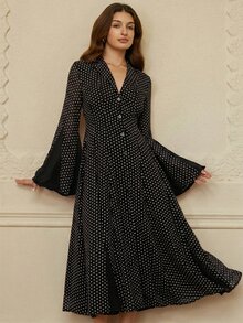 BELROSIE 女款黑白波點配色翻領單排扣腰部開衩長袖A字襯衫洋裝，適合晚餐派對、早午餐、茶會，秋季優雅風 - 黑色 - 查看 4