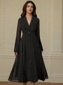 BELROSIE 女款黑白波點配色翻領單排扣腰部開衩長袖A字襯衫洋裝，適合晚餐派對、早午餐、茶會，秋季優雅風 - 黑色 - 查看 5