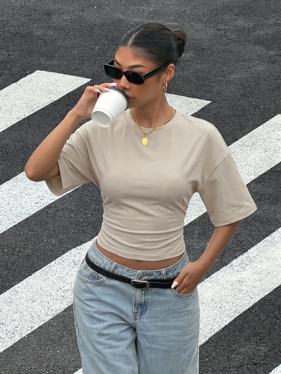 Muchica 女款百搭時尚端莊簡約優雅休閒萬用蝙蝠袖T恤 米色 夏季場合日常穿著 - 杏色 - 查看 1