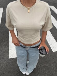 Muchica 女款百搭時尚端莊簡約優雅休閒萬用蝙蝠袖T恤 米色 夏季場合日常穿著 - 杏色 - 查看 3