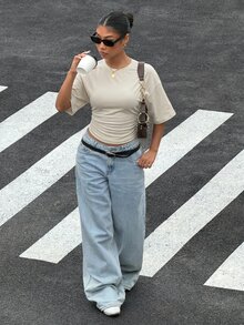 Muchica 女款百搭時尚端莊簡約優雅休閒萬用蝙蝠袖T恤 米色 夏季場合日常穿著 - 杏色 - 查看 4