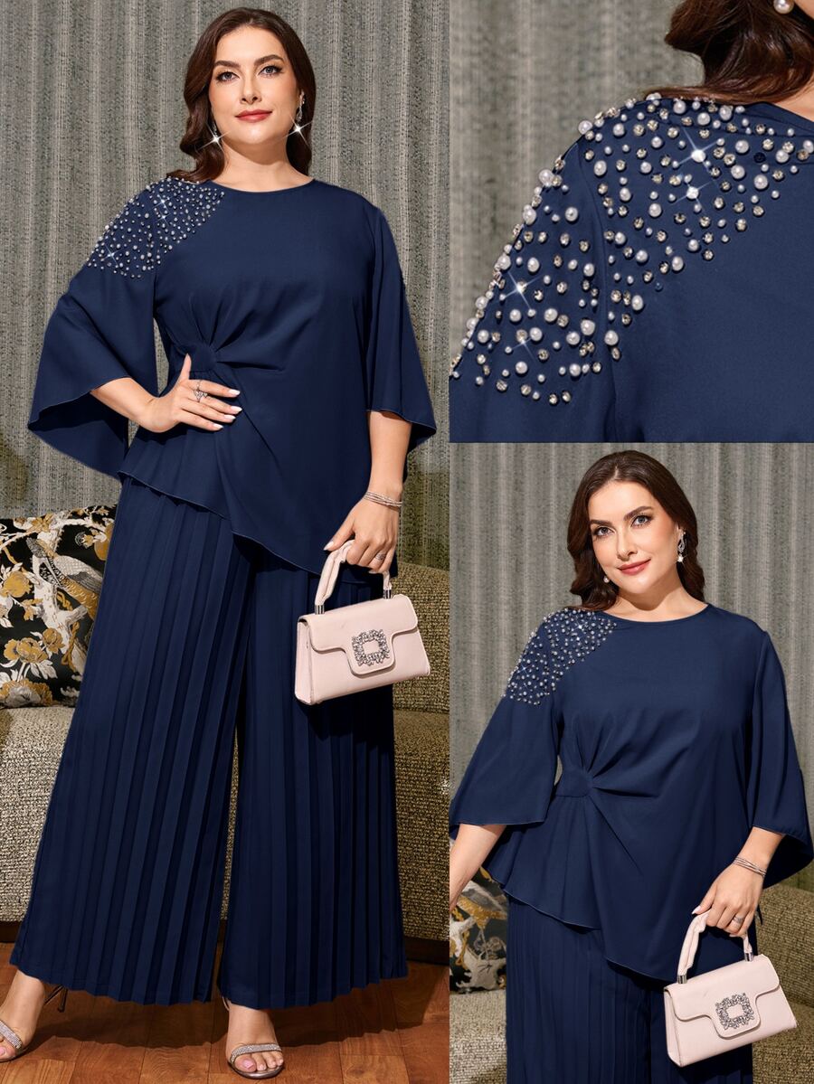 Reflora Plus Size Women's Faux Pearl Decor Bell Sleeve Blouse And Pleated Wide Leg Pants Elegant 2 Pieces Set Fall Wedding Party Cocktail Evening Navy Blue - Navy Blue - View 1