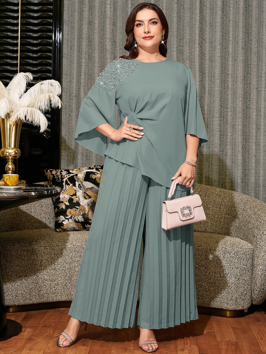 SHEIN Clasi طقم قطعتين مقاس كبير ملابس علوية مطوية مرصعة بالراينستون وبنطلون فضفاض مطوي - أخضر نعناع - مشاهدة 1